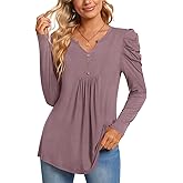 BISHUIGE Womens Casual Fall Top V Neck Loose Tunic Button Pleated Blouses