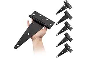 HOME MASTER HARDWARE 10 Inch T-Strap Heavy Duty Shed Door Hinges - Black, for Outdoor Barns and Wooden Fences, 6 Pack with Screws