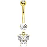 Melighting 14K Solid Gold Butterfly Belly Button Rings for Women - Dangle Belly Piercing With Clear CZ - Navel Rings for Woman Body Piercing Jewelry