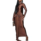 Vakkest Women's Long Sleeve Formal Maxi Dress Bodycon Elegant Ruched Tie Front Party Wedding Guest Evening Dresses