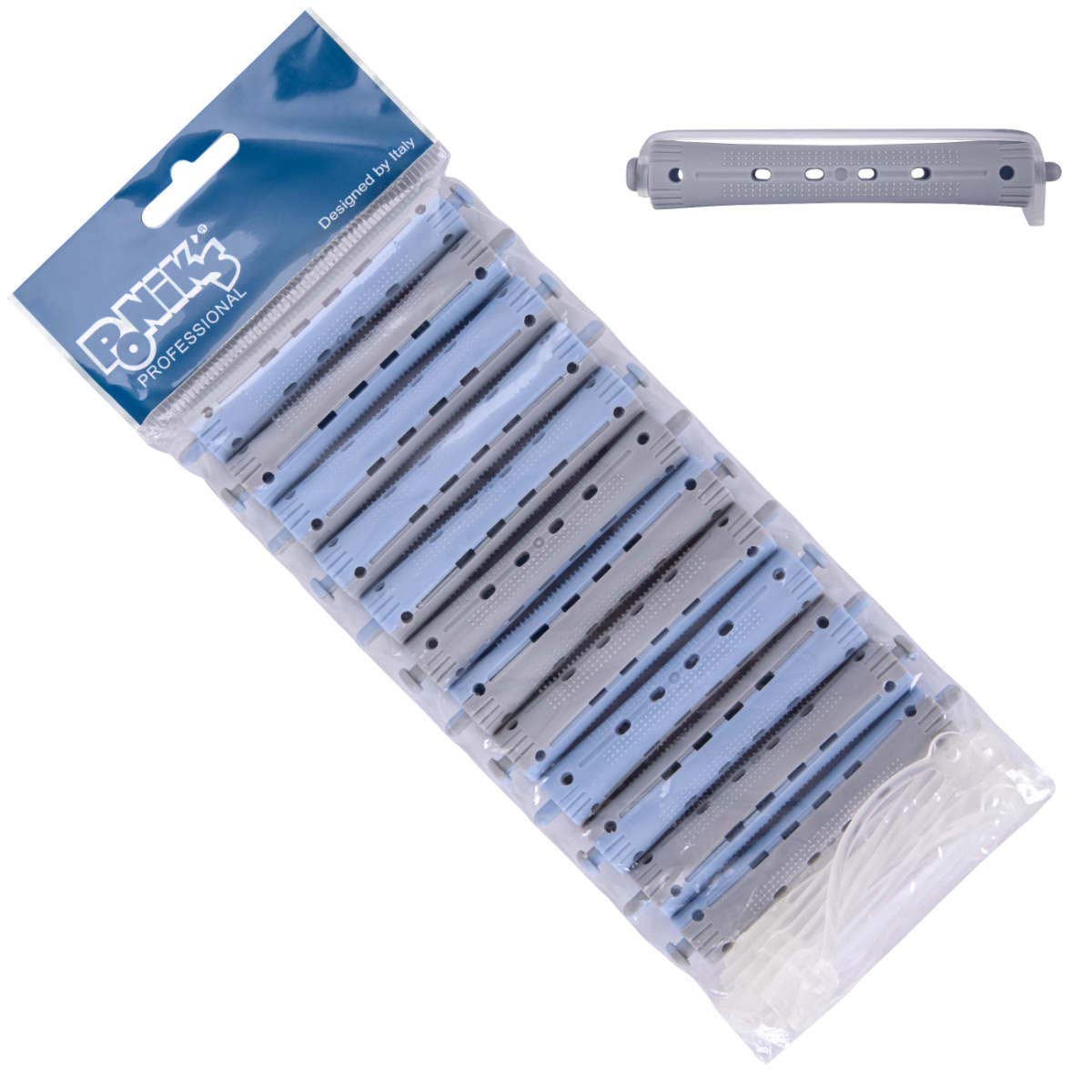 PONIK'S PROFESSIONAL Perm Rollers 13 mm - Curler Set of 12 - Hair Rollers for Perm with Round Rubber Straps - Soft Natural Curls with Volume, Blue Grey