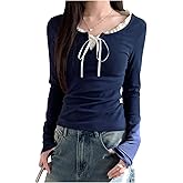 SweatyRocks Women's Long Sleeve Shirts Cute Lace Trim Crop Tops Y2k Preppy Fall Going Out Top