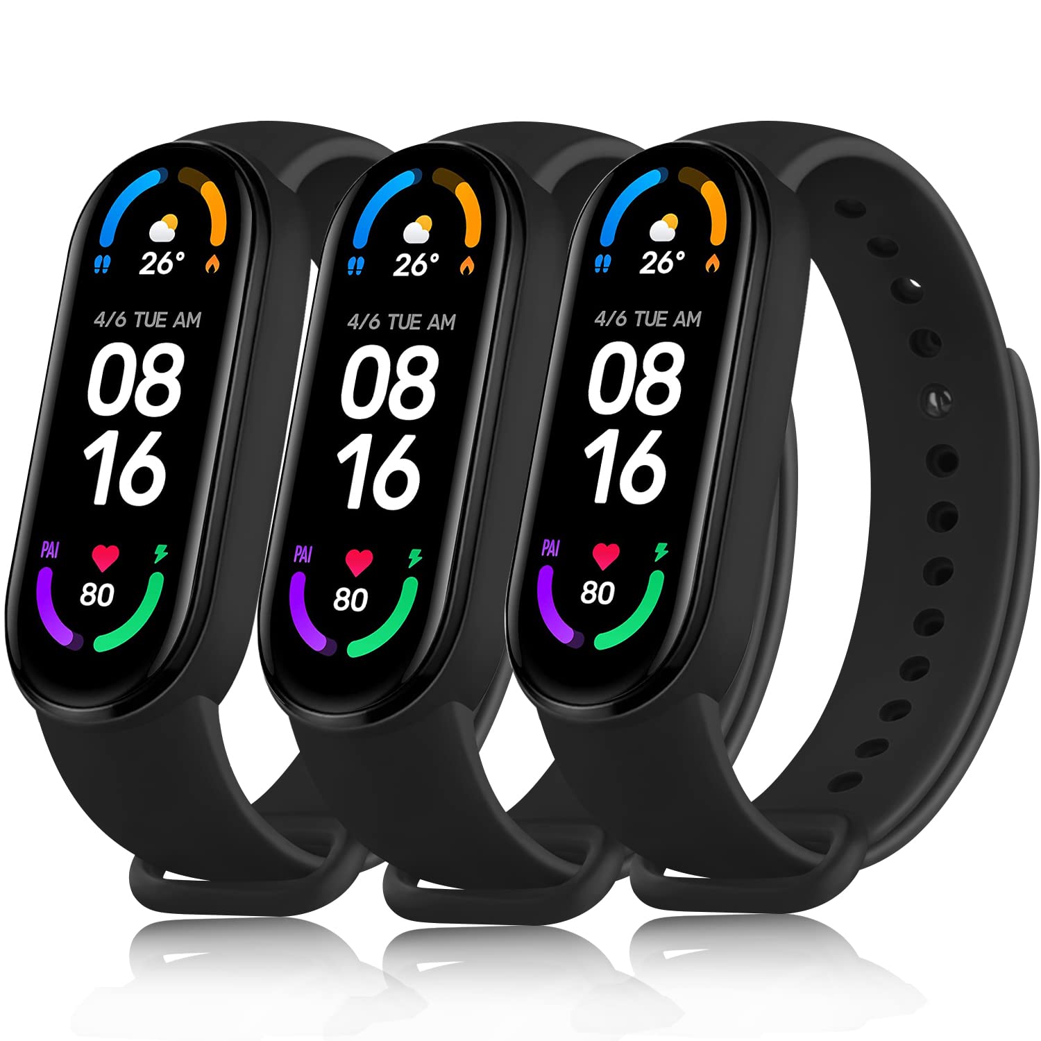 Meliya For Xiaomi Mi Band 5 /Mi Band 6 Watch Strap,Silicone Replacement Strap For Mi Band 5 6 Smart Watch, Black+Grey+Rock Green