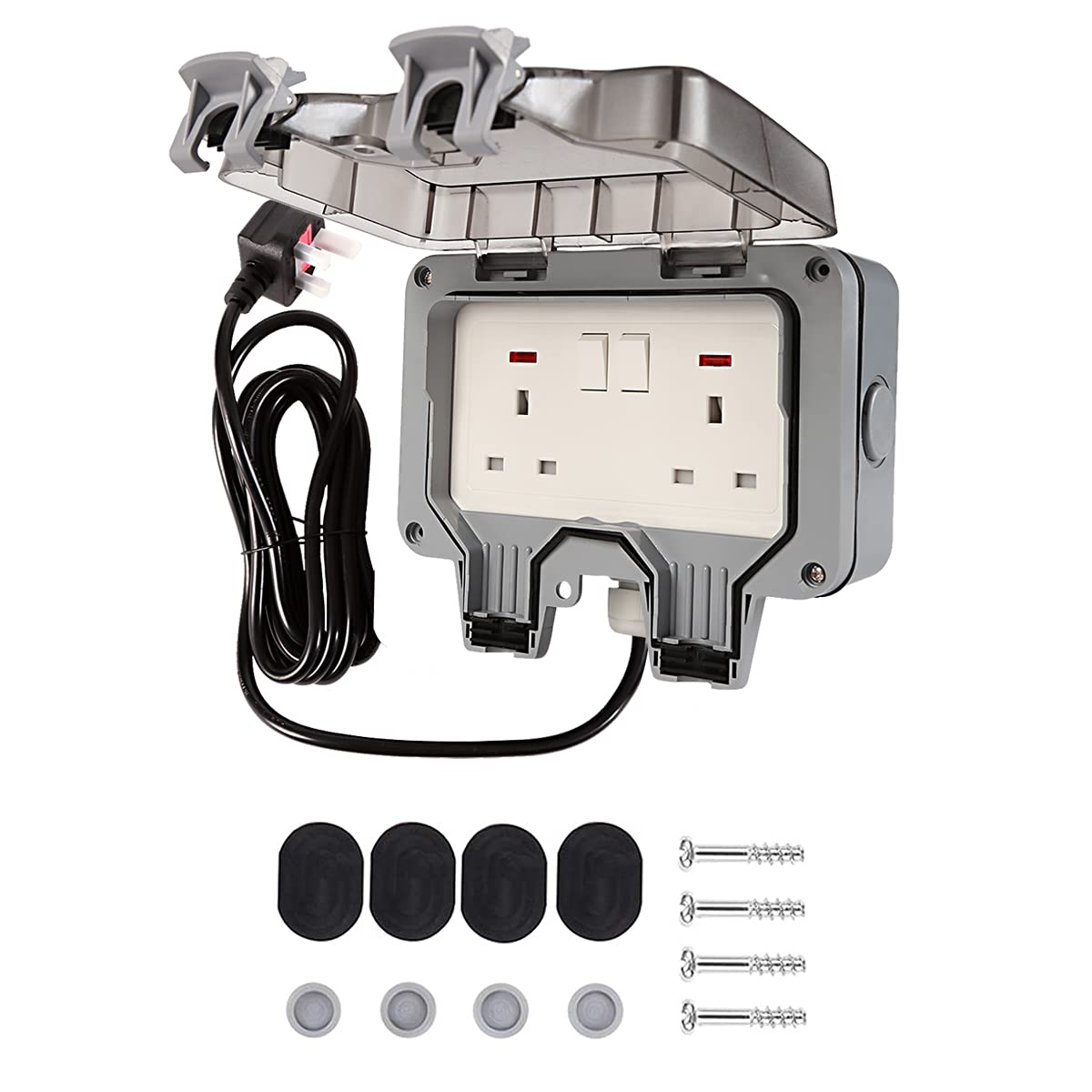 CNBINGO Outdoor Double Socket with 3M Extension Cable, Outside Plug Sockets with Waterproof Covers, Electrical Switched Wall Outlets with Indicator, Weatherproof Box, IP66 Rated, 2 Gang, 13 Amp