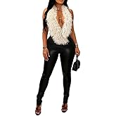 VOIKERDR Womens Jumpsuit Halter Leather Jumpsuit Sexy Fur Neck Sleeveless Bodycon Club Outfits