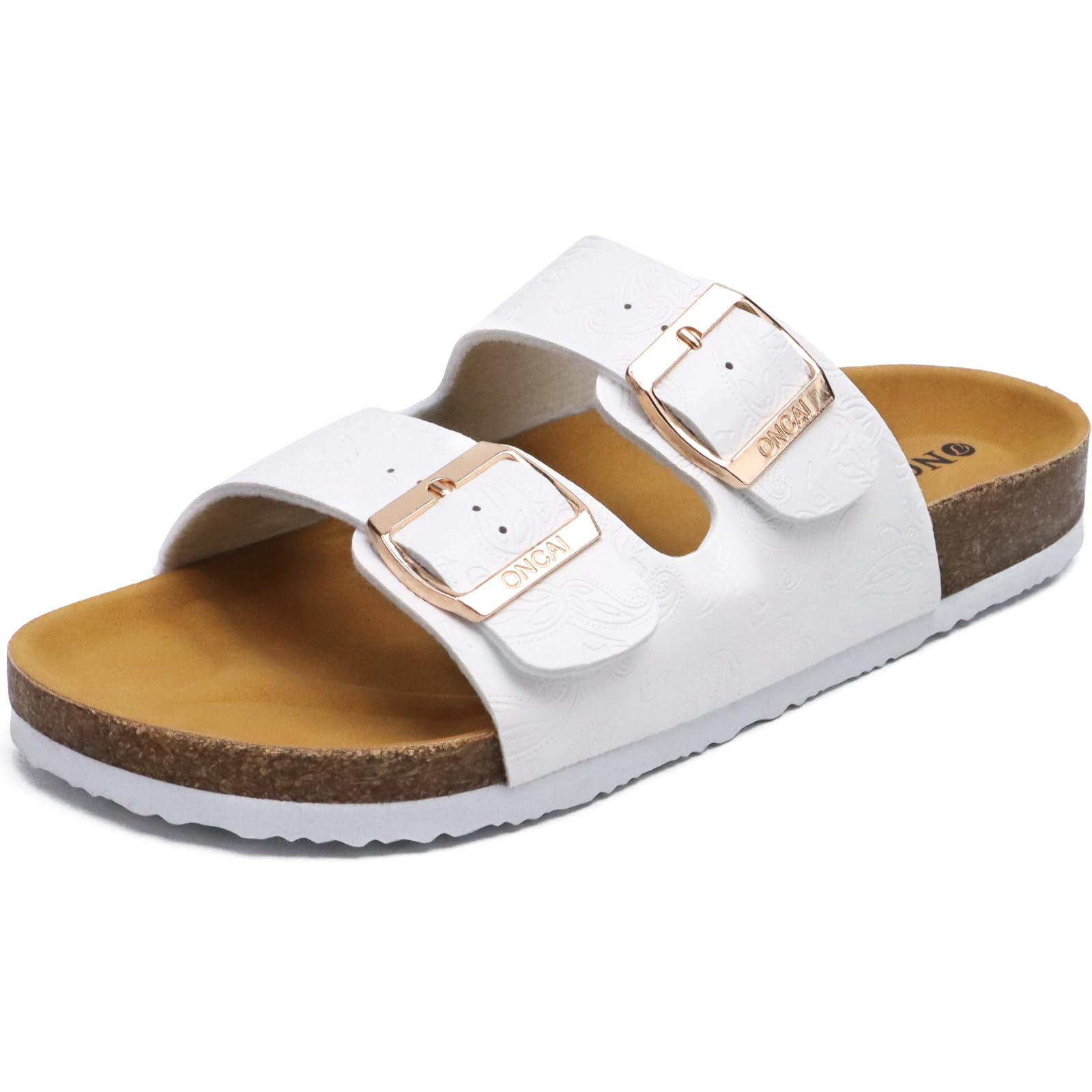 Photo 1 of ONCAI Flat Slide Sandal for Womens Arch Support Summer Beach Leather Dressy Sandals for Women 2025 Summer Comfortable with Plantar Fasciitis Walking Ladies Sandal Outdoor Rubber Soles White Size 8