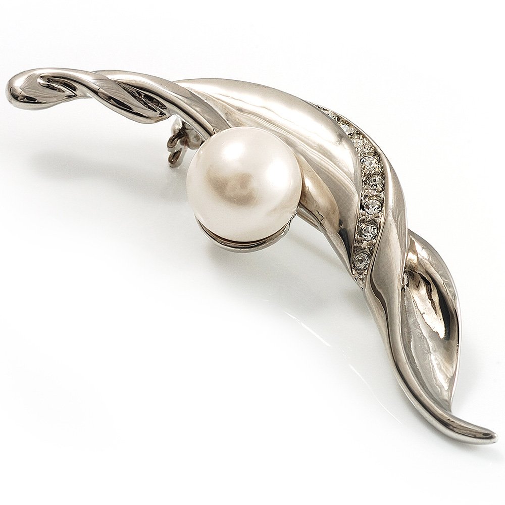 Silver Tone Imitation Pearl Leaf Brooch