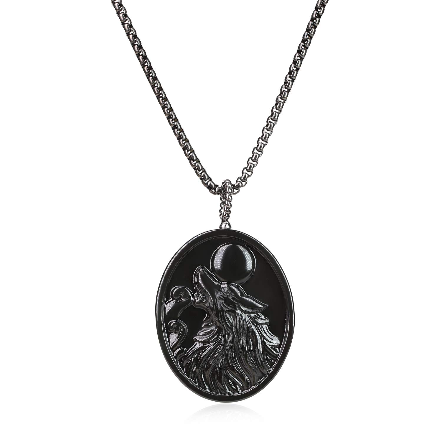 COAI Men's Viking Jewelry Wolf Necklace Black Obsidian Necklace, Stainless Steel Box Chain 60cm