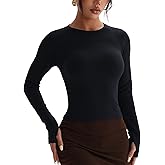 Excwudy Womens Long Sleeve Workout Crop Tops Crew Neck Ribbed Slim Fitted Running Yoga Going Out T-Shirts