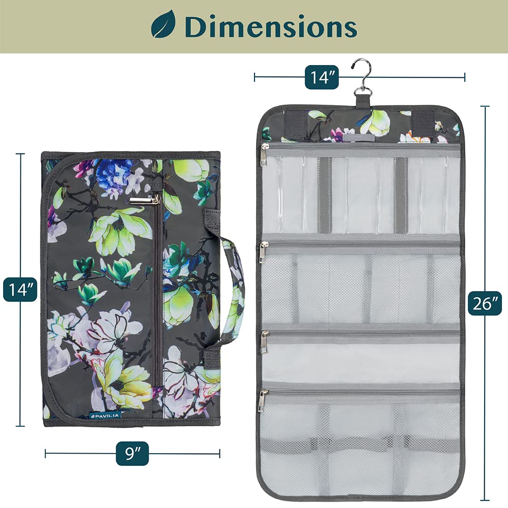 PAVILIA Hanging Toiletry Bag Women Men, Travel Kit Foldable Large Toiletries Organizer, Roll up Cosmetics Makeup Bag Accessories, Waterproof Essentials Jewelry Case (Floral Grey)
