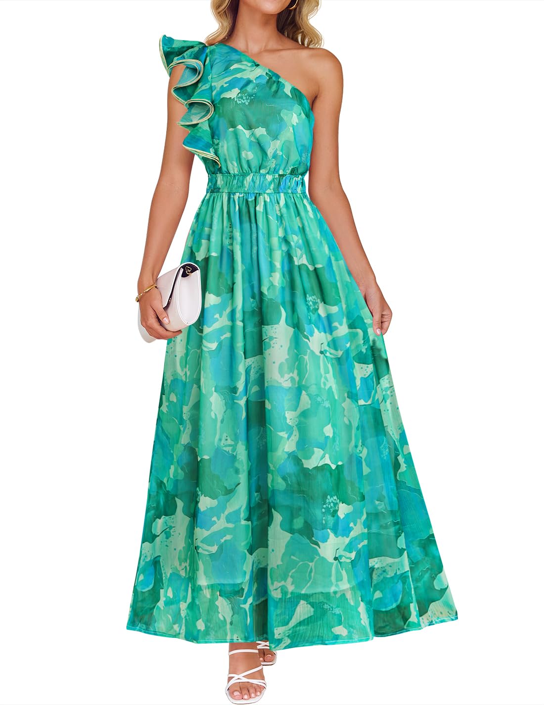 Photo 1 of ZESICA Women's 2025 Boho Floral Sleeveless Maxi Dress Ruffle One Shoulder Elatsic High Waist Beach Party Long Dresses,Green,Medium