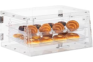 ClarityCraze 2 Tray Pastry Display Case, Commercial Countertop Bakery Display Box, Clear Acrylic Bread Display Shelf with Front & Rear Door, Removable Shelves, Serving Tong for Donut Bagels Cake