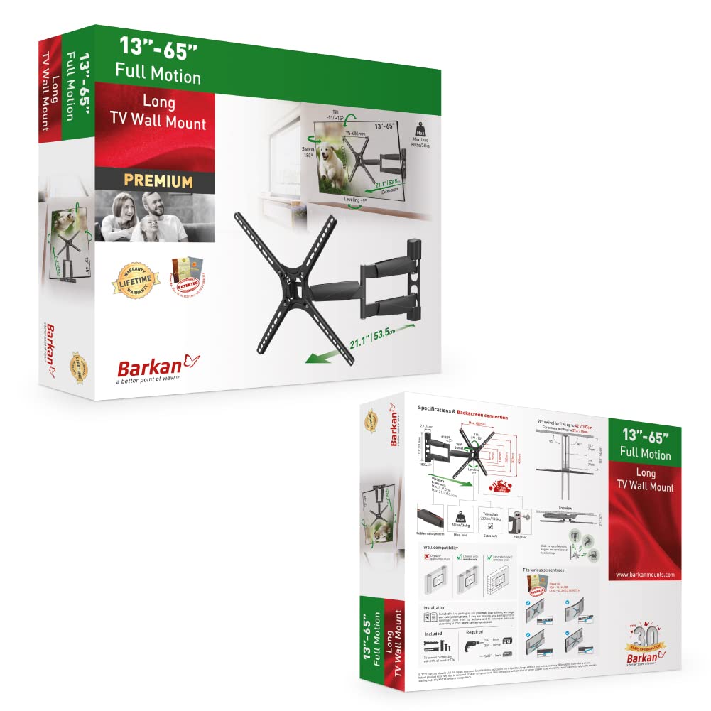 Barkan TV Wall Mount, 13-65 inch Full Motion Articulating - 4 Movement Long Premium Flat/Curved Screen Bracket, up to 80 lbs, Extremely Extendable, Lifetime Limited Warranty,Fits LED OLED LCD