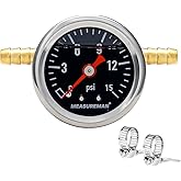 MEASUREMAN Fuel Pressure Gauge Kit 0-15Psi Stainless Steel Glycerin Filled, 1-1/2" Black Dial Size, with 5/16" Fuel Line Fuel Pressure Brass T-Fitting Adapter, Center Back Mount