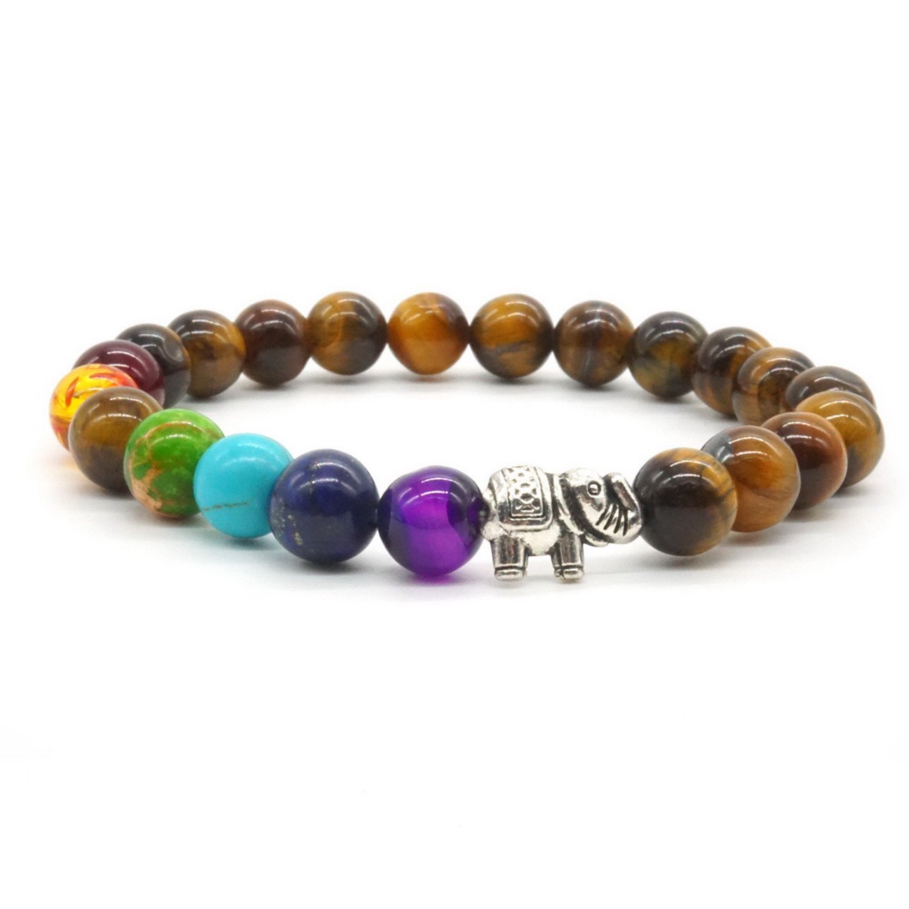 Zhubling 7 Chakras Gemstone Bracelet Lava Stone with Tiger Eye and Elephant Crystal Reiki Healing Balancing Round Beads