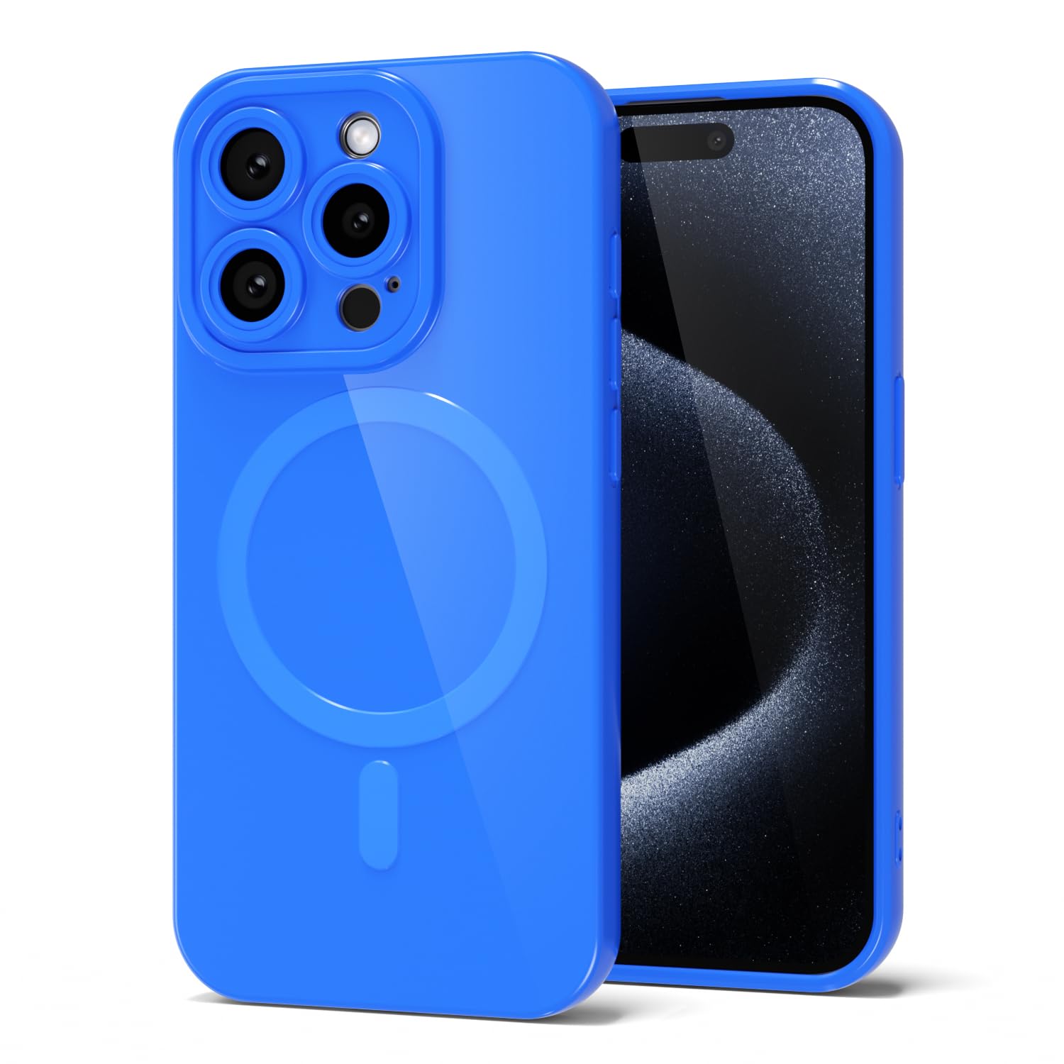 Photo 1 of Svanove for iPhone 15 Pro Phone Case Silicone Magnetic, Compatible with Magsafe Case Cute for Women, Girly Bright Color Glossy Jelly Thin Slim Hard Mag Safe Rubber & Camera Cover, Neon Blue