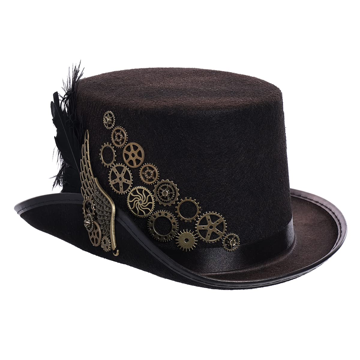 BPURB Unisex Steampunk Black Feather Gear Top Hat Headgear Costume for Halloween Carnival Theme Party (58cm/22.8 Inches, Black)