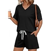 SHEWIN Women's 2 Piece Short Sets V Neck Short Sleeve T-Shirts and Drawstring Shorts Beach Vacation Outfits with Pockets