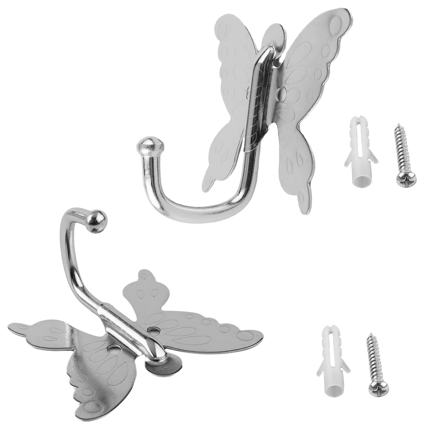 MroMax 2pcs Butterfly Style Wall Hooks Clothes Coat Towel Hangers Mounted onto The Wall Zinc Alloy Silver Tone