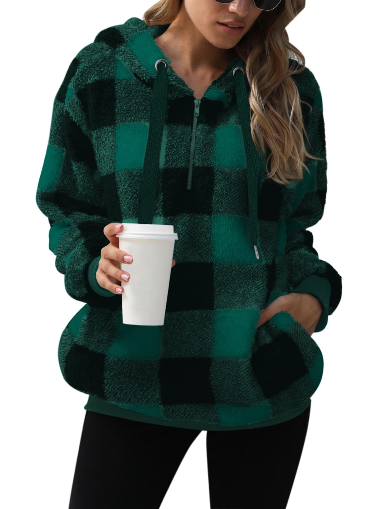 Nirovien Womens Sherpa Hoodie Oversized Fuzzy Sweatshirt Double Fleece Jacket Fluffy Plaid Outerwear(Army Green Plaid,M) Image