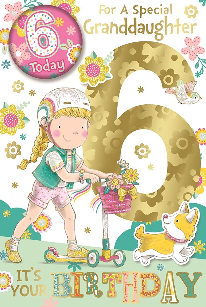 Cards Galore Online Granddaughter 6th Birthday Card and Badge 6 Today Girl on Scooter 9x6