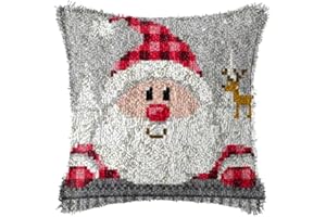 HOWIE'S NEEDLEPOINT Howie's Latch Hook Kit, DIY Santa Claus Pillow Crochet Yarn Kits for Adults, Color Preprinted Pattern Embroidery Sofa Cushion Cover (Christmas-Santa Claus, 16.93 x 16.93 inch)