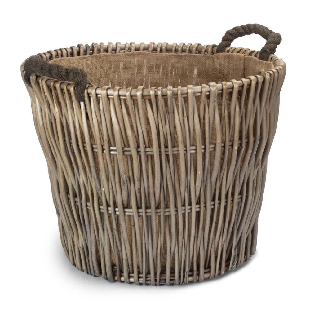 Red Hamper Small Round Grey Log Wicker Basket, Brown, H42 x W42 x D38cm