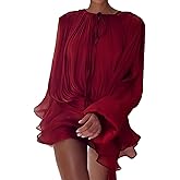 NIFTRIRY Two Piece Skirt Set for Women Long Sleeve Crew Neck Button Ruffle Elegant Dress Tops with Shorts Sexy Party Wear