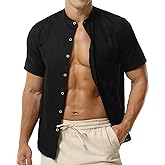 Hoerev Men's Short Sleeve Linen Cotton Blend Shirt, Mandarin Collar
