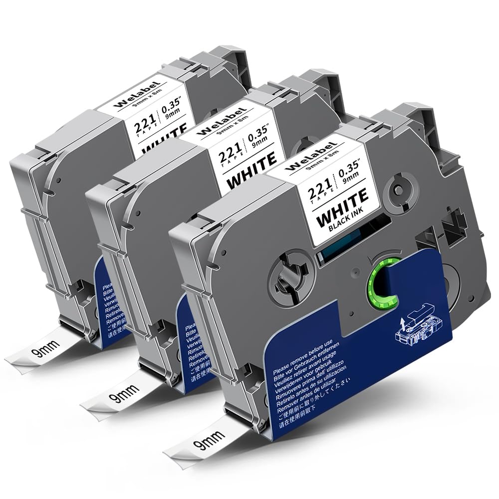 Welabel Compatible for TZe-221 TZ-221 Tz Label Tape for Brother TZc-221 TZe221 Tz 9mm 0.35 Laminated White Tape Cassette for P-Touch PTH101C H105 P750W H101GB PT-D200 PT-E100 PT-H110 PT-H107B, 3Pack