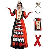 Tvnxdgl Queen Costume Women Wonderland Red Queen Cosplay Dress Heart Printed Dress Crown Gloves Set Adult Halloween Outfits