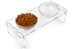 FEOYOHO Elevated Dog & Cat Bowls – 3.75” Acrylic Raised Pet Feeder Stand with 2 Stainless Steel & 2 Glass Bowls – Food & Water Dish Set for Puppy/Small Dogs & Cats