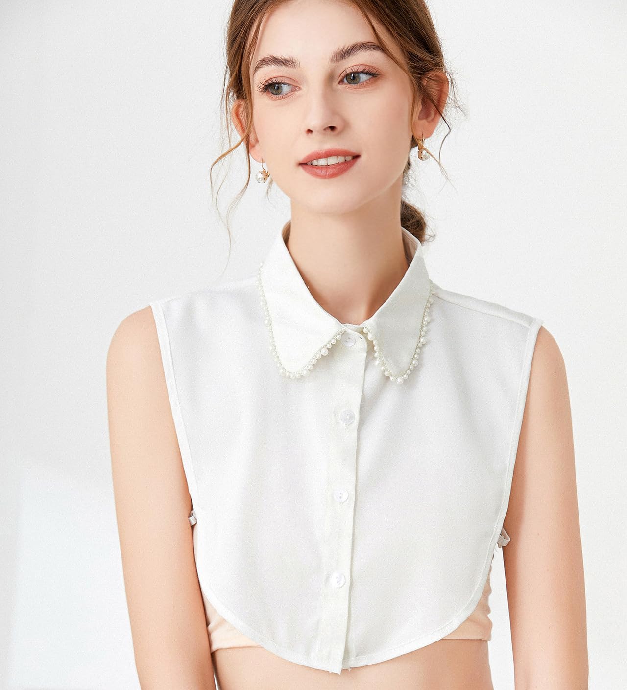 Joyci Woman Decorate Pearl Half Shirt Pure Color False Collar Detachable Faux Collar Dickey (AP01)