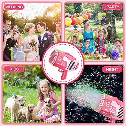 Bubble Machine Gun, Upgraded 132 Holes Bubble Gun with Lights/Bubble Solution, Bubble Maker for Kids Boys Girls Adults Outdoor Indoor Birthday Wedding Party Gifts,Pink