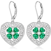 St Patricks Day Shamrock Earrings for Women Sterling Silver Four Leaf Clover Earrings Heart Filigree Dangle Green cubic zirconia lucky Irish Clover Jewelry Gifts