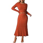 Pink Queen Ribbed Knit 2 Piece Dress Set for Women Fall Long Sleeve Crop Top with High Waist Skirt Set Cocktail Party Outfits
