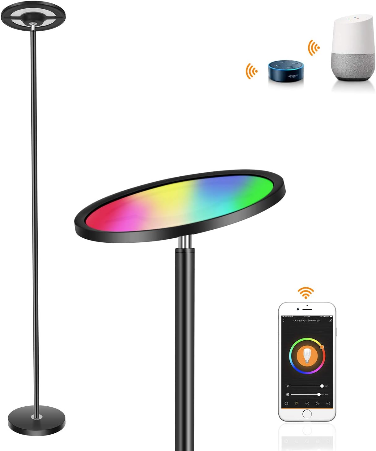 Lampadaire Connecté Alexa Multicolore - Hauteur Réglable 157-172cm, Abat-Jour Beige, Ampoule LED Incluse