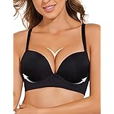 Upushall Women's Padded Push Up Bra Longline Smoothing Tshirt Bras for Women Seamless Plunge with Underwire