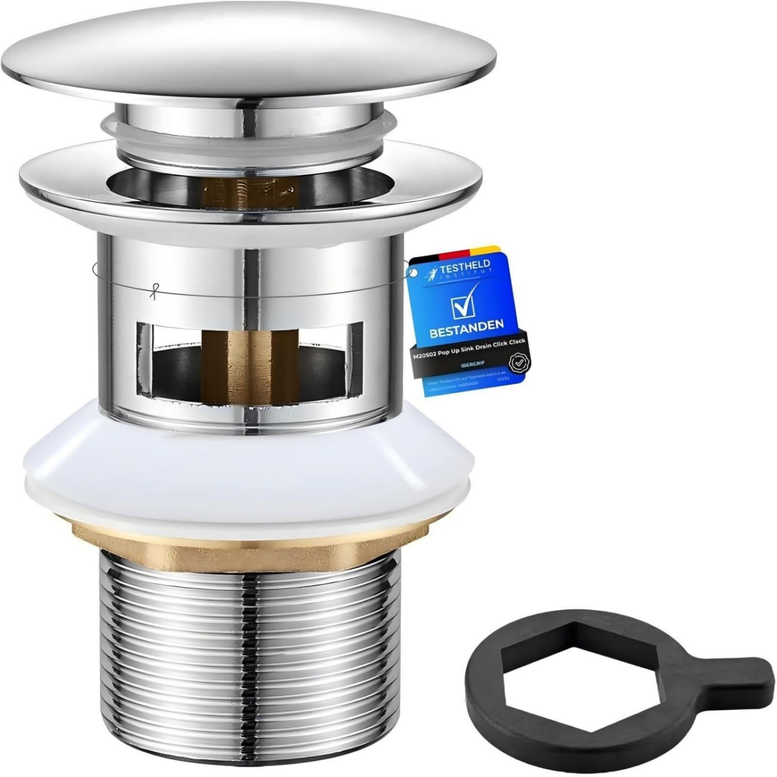 Ibergrif Basin Waste 1¼″ with Overflow – Click-Clack Pop-Up Sink Plug, Universal G1¼″ Chrome Brass Bathroom Drain Stopper, Model M20502