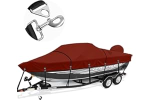 Cerumute Heavy Duty 1200D Waterproof Boat Covers 16-18.5ft with Motor Cover and Windproof Adjustable Metal Buckle Fits Bass, V-Hull, Tri-Hull, Fishing, Runabout Boats, Burgundy