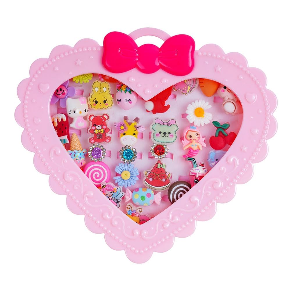 OSDUE Little Girl Jewel Rings Adjustable, 30 PCS Duplicate-Free Boxed Play Rings for Kids, Pretend Play and Dress Up Gift for Girls Aged 3-12