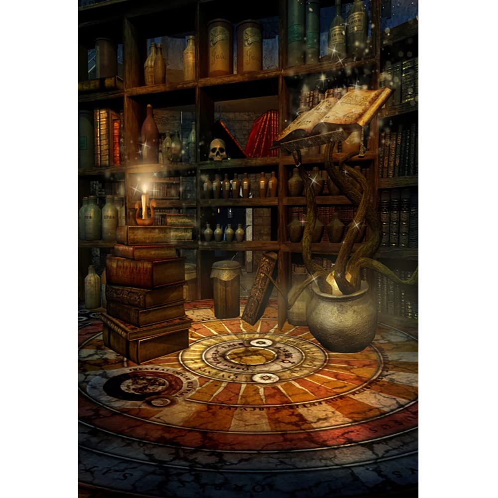 Aoihrraan 2,5x3m Fantasy Gothic Castle Backdrop Magic Book Candles Skulls Potion Shelf Wizard Enchanted House Photography Background Halloween Party Decor Children Adult Portrait Photo Studio Props