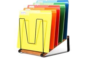 HULISEN Organiseur de bureau incliné, support vertical à 5 sections, organiseur de fichiers en métal avec base en bois pour b