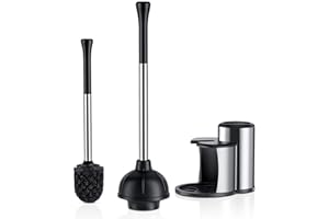 HAMITOR Toilet Plunger and Bowl Brush Set: 2 in 1 Stainless Steel Heavy Duty Toilet Cleaner Plunger with Holder Combo for Bathroom Cleaning - Modern Hideaway Bathroom Accessories with Caddy Stand