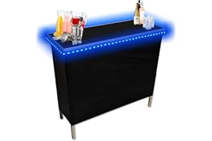 PARTYPONG Folding Portable Party Bar w/Patended LED Lights, Black & Hawaiian Bar Skirts, Storage Shelf, & Carrying Case