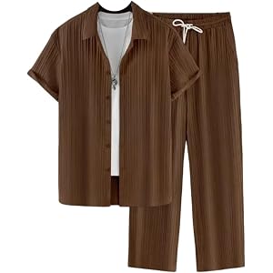 FSSNHQHCJ Men's Summer Solid 2-Piece Set Short Sleeve Button Down Shirt Casual Trousers Daily