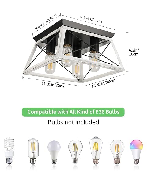 FARMHOUSE OAK WHITE FLUSH MOUNT 4-LIGHT INDUSTRIAL KITCHEN CEILING LIGHTS, RUSTIC FLUSH MOUNT FOR DINING ROOM, BEDROOM, HALLWAY, ENTRYWAY, FOYER