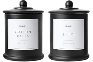 Ronasip 2 pack Cotton Buds Holder, Cotton Wool Pads Jar, 16 Oz Glass Qtip Dispenser Holder for Qtips, Swabs,Makeup Sponges (Black)