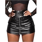 WDIRARA Women's Pockets Zip Up Faux Leather Mini Skirt High Waisted Bodycon Skirts