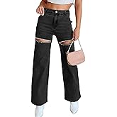 Kedera Women's Rhinestone Pearl Cut Out Jeans High Rise Straight Leg Pants with Elastic Waist Panels A-Black